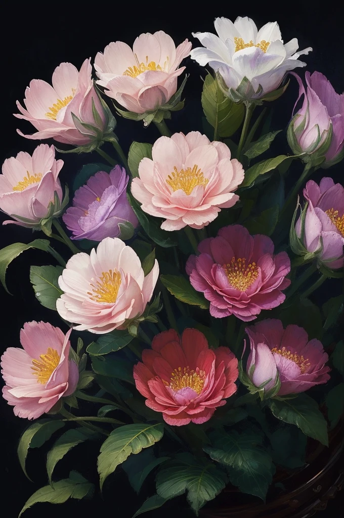 a close up of a bunch of flowers with a dark background, a digital painting by Marie Bashkirtseff, trending on cgsociety, digital art, 🌺 cgsociety, beautiful!!! digital art, gorgeous digital art, beautiful detail and color, beautiful color art!, great pinterest photo, very beautiful digital art, rich flower colors, beautiful digital art, magical colorful flowers