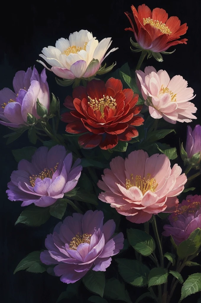 a close up of a bunch of flowers with a dark background, a digital painting by Marie Bashkirtseff, trending on cgsociety, digital art, 🌺 cgsociety, beautiful!!! digital art, gorgeous digital art, beautiful detail and color, beautiful color art!, great pinterest photo, very beautiful digital art, rich flower colors, beautiful digital art, magical colorful flowers