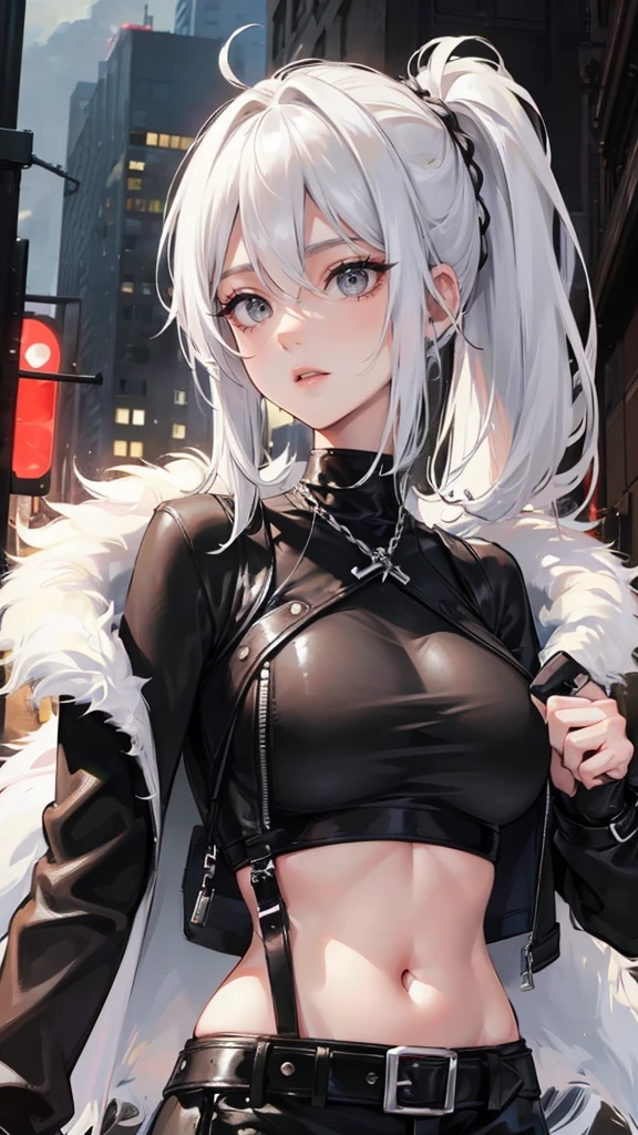 Photograph of the upper body of a beautiful woman,  , big breasts, perfect body), Sharp focus, (plump body, mature woman), ((Looking ahead)), (Highly detailed skin, hair follicles:1.4,) (long hairstyle , white hair, Grey eyes) , (black crop top:1.47),(black leather skirts),(fur jacket),chain  , Cross necklace , cross chain, city scenery , punk , night light  , high quality ,cold expression, one leather gloves , biker style , cool , street wears , light sexy