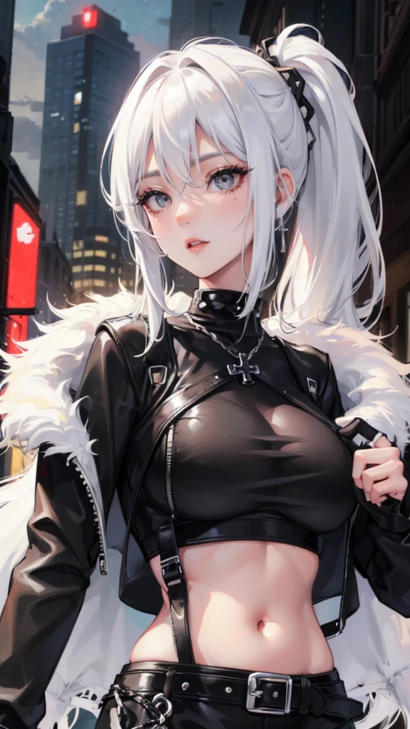 Photograph of the upper body of a beautiful woman, , big breasts, perfect body), Sharp focus, (plump body, mature woman), ((Looking ahead)), (Highly detailed skin, hair follicles:1.4,) (long hairstyle , white hair, Grey eyes) , (black crop top:1.47),(black leather skirts),(fur jacket),chain , Cross necklace , cross chain, city scenery , punk , night light , high quality ,cold expression, one leather gloves , biker style , cool , street wears , light sexy