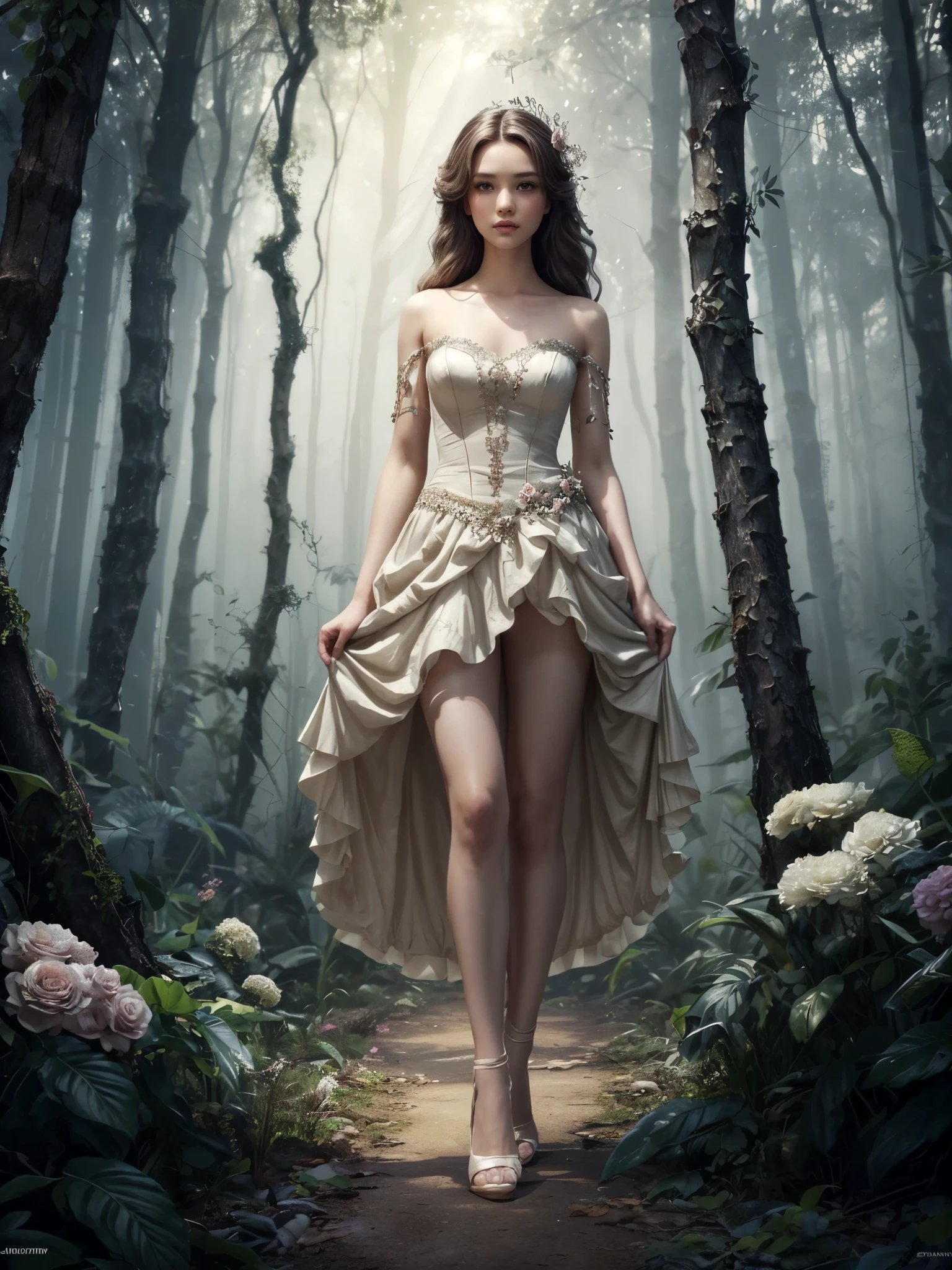 1girl, full body, flower embellished petticoat skirt, legs, high heels, ankle sock, detailed face, looking at viewer, detailed hair, flower embellished hairpin, whimsical dreamlike setting, lush enchanted forest, tyndall effect, humid, dust particles, (best quality, 4k, highres, masterpiece:1.3), (character concept art:1.2), scholar, naked pose, (elegant, ethereal beauty:1.2), brunette hair,