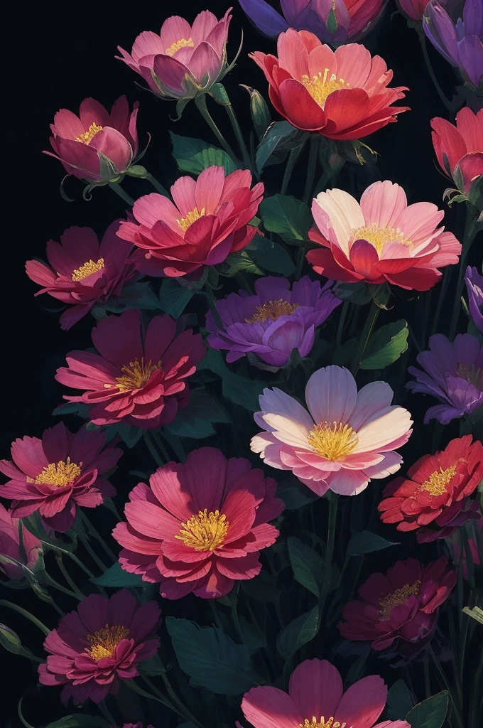 a close up of a bunch of flowers with a dark background, 🌺 cgsociety, beautiful!!! digital art, gorgeous digital art, beautiful detail and color, beautiful color art!, great pinterest photo, rich flower colors, very beautiful digital art, by Marie Bashkirtseff, beautiful digital art, magical colorful flowers, wow it is beautiful, by Android Jones