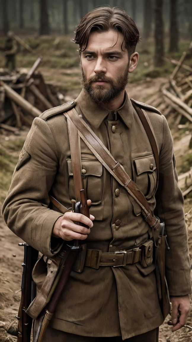 (masterpiece), best quality, expressive eyes, perfect face, All quiet on western Front, man, trenches, dirty, uniform, realistic, HD, Rifle, mas-36, battle, fighting, world war 1, bearded, mature