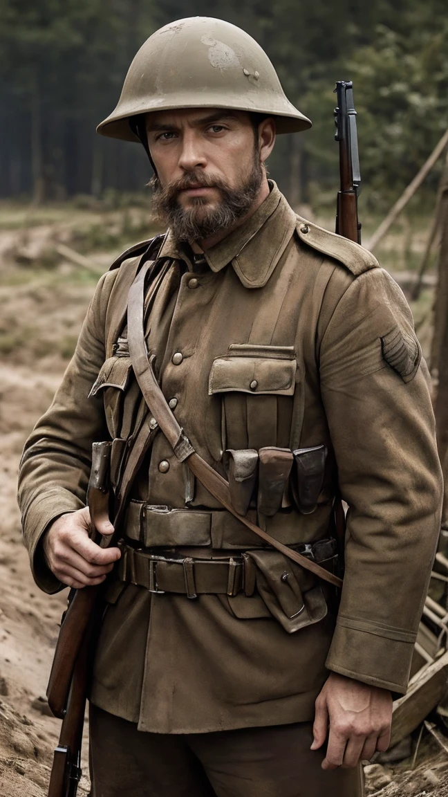 (masterpiece), best quality, expressive eyes, perfect face, All quiet on western Front, man, trenches, dirty, uniform, realistic, HD, Rifle, mas-36, battle, fighting, world war 1, bearded, mature