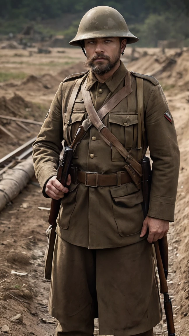 (masterpiece), best quality, expressive eyes, perfect face, All quiet on western Front, man, trenches, dirty, uniform, realistic, HD, Rifle, mas-36, battle, fighting, world war 1, bearded, mature