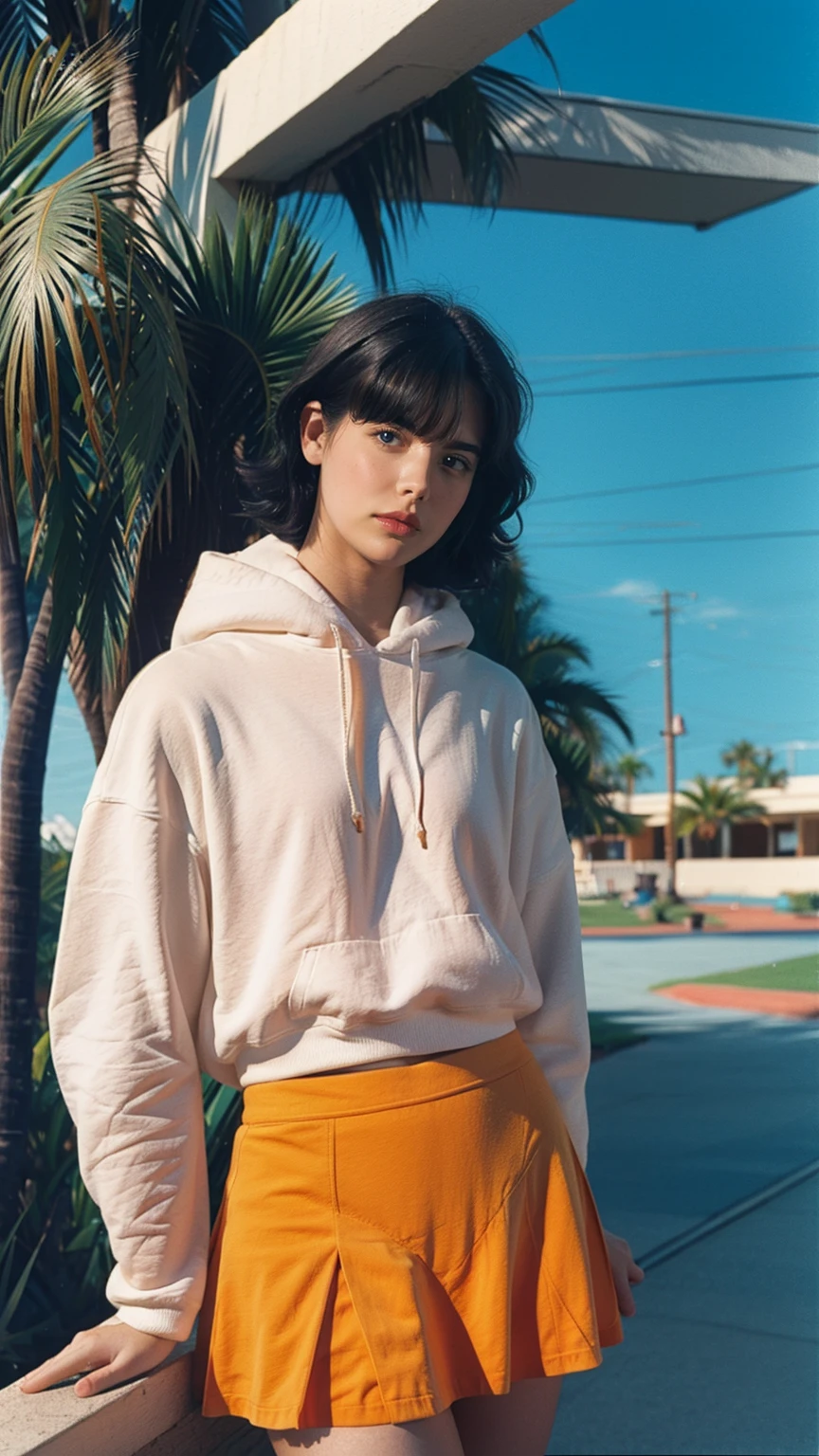 long shot portrait of cute 23 yo girl, happy body shape ,wear ((orange color oversized hoodie)), wear ((purple tennis skirt)),looking front,Best Quality,Masterpiece,Ultra High Resolution,(Realisticity:1.4),Original Photo, 1Girl, light leak,ultra high resolution,UHD,beautiful, (black bob hair), almond eye, no makeup, in front of (80's mondrian architecture motel), (realistic:1.2), (surreal:1.3), (very detailed:1.1), ((masterpiece)),summer, blue sky, palm trees,sunny, los angles vibes,film camera, 800mm lens,style of Philip Lorca diCorcia