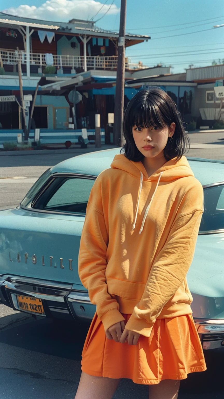 long shot portrait of cute 23 yo girl, happy body shape ,wear ((orange color oversized hoodie)), wear ((purple tennis skirt)),looking front,Best Quality,Masterpiece,Ultra High Resolution,(Realisticity:1.4),Original Photo, 1Girl, light leak,ultra high resolution,UHD,beautiful, (black bob hair), almond eye, no makeup, in front of (80's mondrian architecture motel), (realistic:1.2), (surreal:1.3), (very detailed:1.1), ((masterpiece)),summer, blue sky, palm trees,sunny, los angles vibes,film camera, 800mm lens,style of Philip Lorca diCorcia