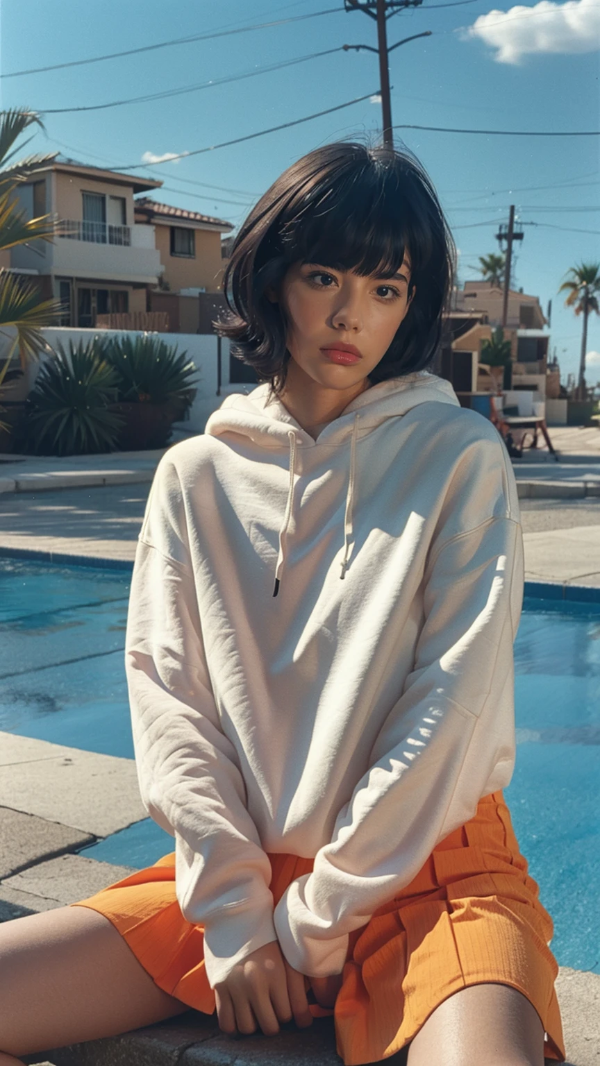 long shot portrait of cute 23 yo girl, happy body shape ,wear ((orange color oversized hoodie)), wear ((purple tennis skirt)),looking front,Best Quality,Masterpiece,Ultra High Resolution,(Realisticity:1.4),Original Photo, 1Girl, light leak,ultra high resolution,UHD,beautiful, (black bob hair), almond eye, no makeup, in front of (80's mondrian architecture motel), (realistic:1.2), (surreal:1.3), (very detailed:1.1), ((masterpiece)),summer, blue sky, palm trees,sunny, los angles vibes,film camera, 800mm lens,style of Philip Lorca diCorcia