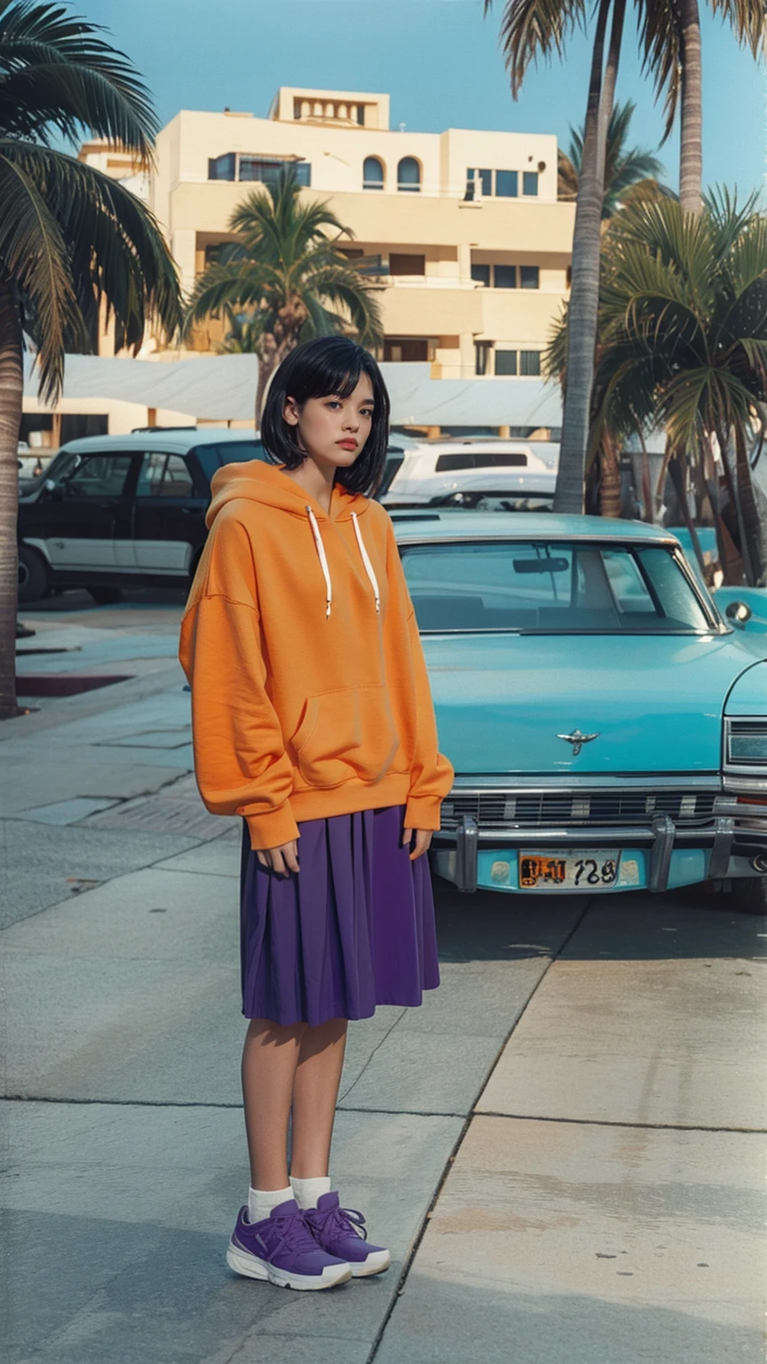 long shot portrait of cute 23 yo girl, happy body shape ,wear ((orange color oversized hoodie)), wear ((purple tennis skirt)),looking front,Best Quality,Masterpiece,Ultra High Resolution,(Realisticity:1.4),Original Photo, 1Girl, light leak,ultra high resolution,UHD,beautiful, (black bob hair), almond eye, no makeup, in front of (80's mondrian architecture motel), (realistic:1.2), (surreal:1.3), (very detailed:1.1), ((masterpiece)),summer, blue sky, palm trees,sunny, los angles vibes,film camera, 800mm lens,style of Philip Lorca diCorcia