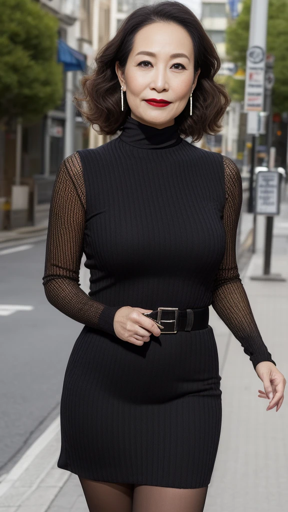 on the street,Light red reflective clothing (No cleavage),thigh, cosmetic, (lipstick: 1.1), (Eyeliner: 1.2), mascara, Eyeshadow,Outdoor sports, earrings, necklace, Black pantyhose, Wrinkles at the corners of the eyes, Oral wrinkles,High Neck Knit Bodycon Skirt，full-body shot，An Asian Japanese woman，65 years old，big eyes，elegant temperament elegant temperament，(masterpiece:1.2, best quality), Practical, (The true situation,45 years old， Intricate details, Depth of Field，High neck clothes), careful, The content is very detailed, This is a perfect face, Perfect body, Large Model, Mature woman, High，Black silk garter belt，8K,best quality, masterpiece, Ultra-high resolution,(lifelike:1.4), original photo, Stay focused, detailed, Dramatic, Exquisite beautiful woman, (tall and straight:1.1),(Fat goddess desetallic high collar dress,High collar fitted skirt),half butterfly earrings, double ring necklace, (:1.05), (55 years old, : 1.4),Long curly hair, Dynamic angle, (red lips)Beautiful graph