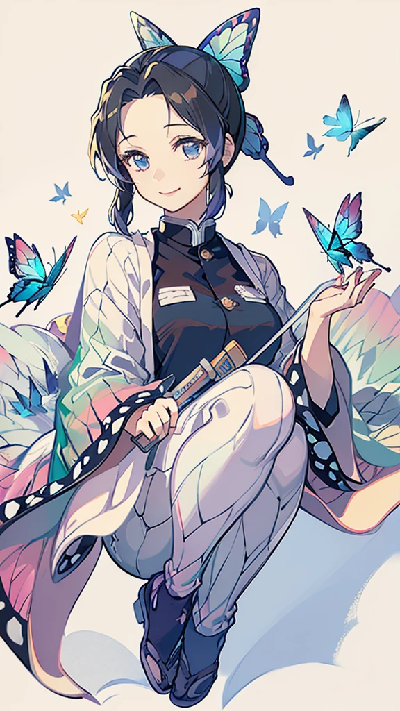 A school uniform with a butterfly-like haori、A truly beautiful smile、Realistic、Hair is a night 、Hair is upstyle、Blue butterfly hair ornament、syringe