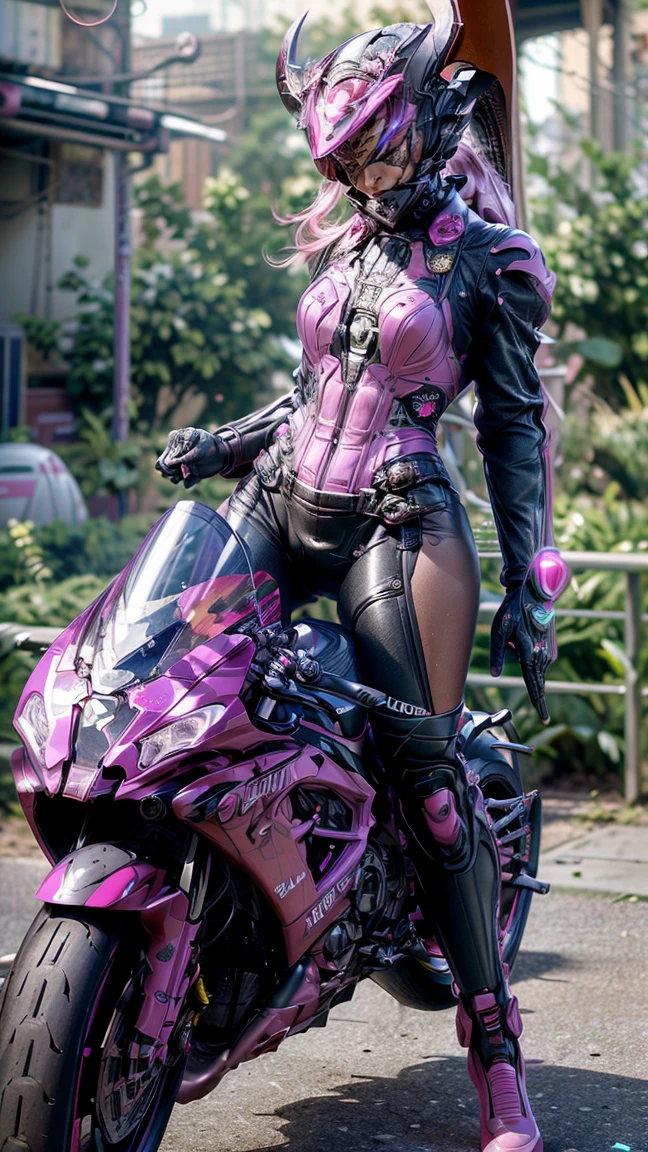 ((best quality)), ((masterpiece)), ((realistic)), (detailed), (photorealistic:1.5), (((succubus ))),((beautiful face, sharp face)), (thick body), (((pink bodysuit))), lights on armor, ((looking at viewer)), dynamic pose, post apocalyptic, destroyed city background, buildings on fire, science fiction, hdr, ray tracing, nvidia rtx, super-resolution, unreal 5, subsurface scattering, pbr texturing, post-processing, anisotropic filtering, depth of field, maximum clarity and sharpness, rule of thirds, 8k raw, (luminescent particles:1.4), (extremely detailed cg, unity 8k wallpaper, 3d, cinematic lighting, lens flare), reflections, sharp focus, cyberpunk art, cyberpunk architecture,((ride motorbike))