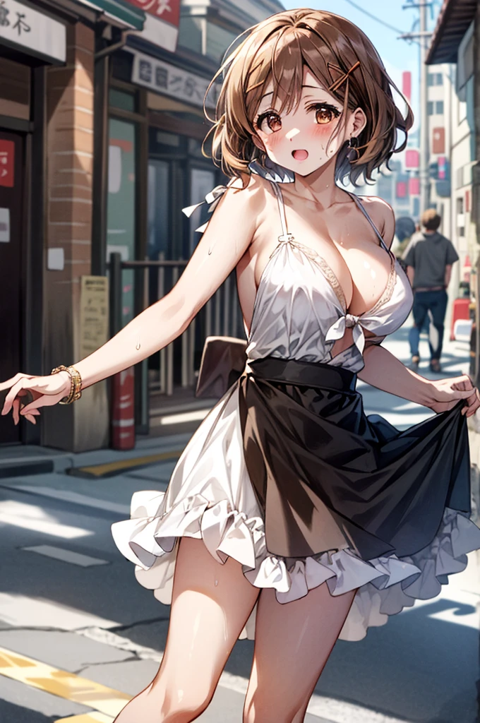 (White dress white、No sleeve、Armpit)、Big Breasts、独奏、Toned body、Bare thighs、(short hair、Brown Hair、Barrette、hair ornaments)、(Brown eyes:1.5)、(yuihirasawa、yui hirasawa、Yui Hirasawa)、(Panty shot、White panties、Panties transparent with sweat、Mansuji)、Big Breasts、In town、bustling street、独奏