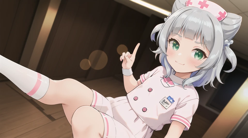 indoor,hospital,One girl, alone, Green Eyes, Grey Hair, hair ornaments, bangs, Virtual YouTuber, Shine, blunt bangs, Double Bang, Animal ears, Lens flare, Flat Chest,Pink nurse uniform,blush, (View your viewers), smile, 