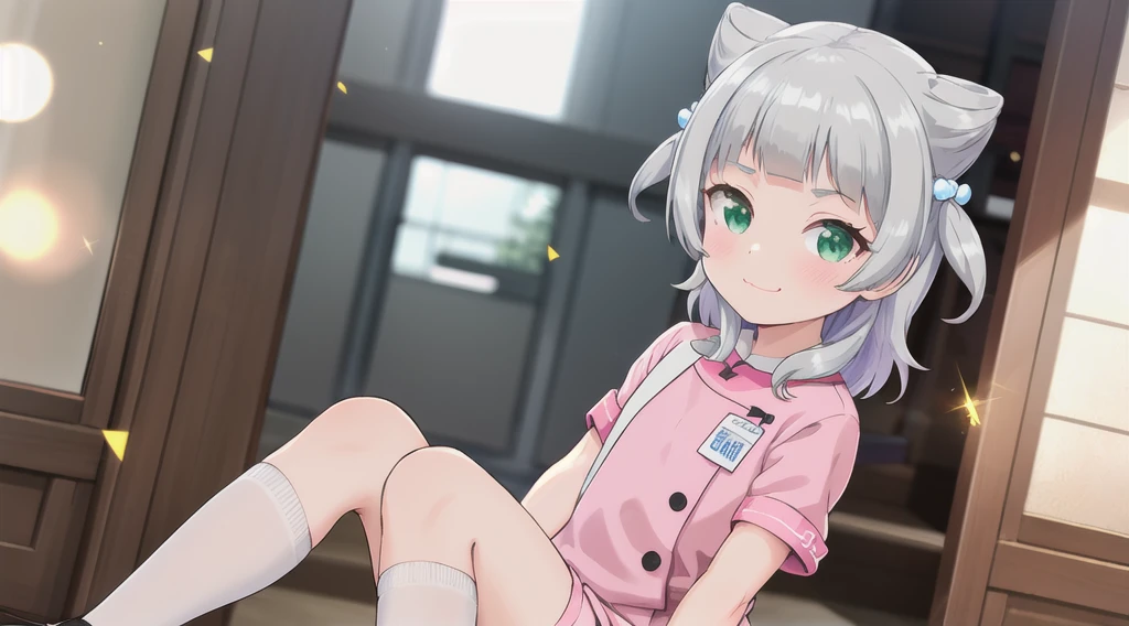 indoor,hospital,One girl, alone, Green Eyes, Grey Hair, hair ornaments, bangs, Virtual YouTuber, Shine, blunt bangs, Double Bang, Animal ears, Lens flare, Flat Chest,Pink nurse uniform,blush, (View your viewers), smile, 