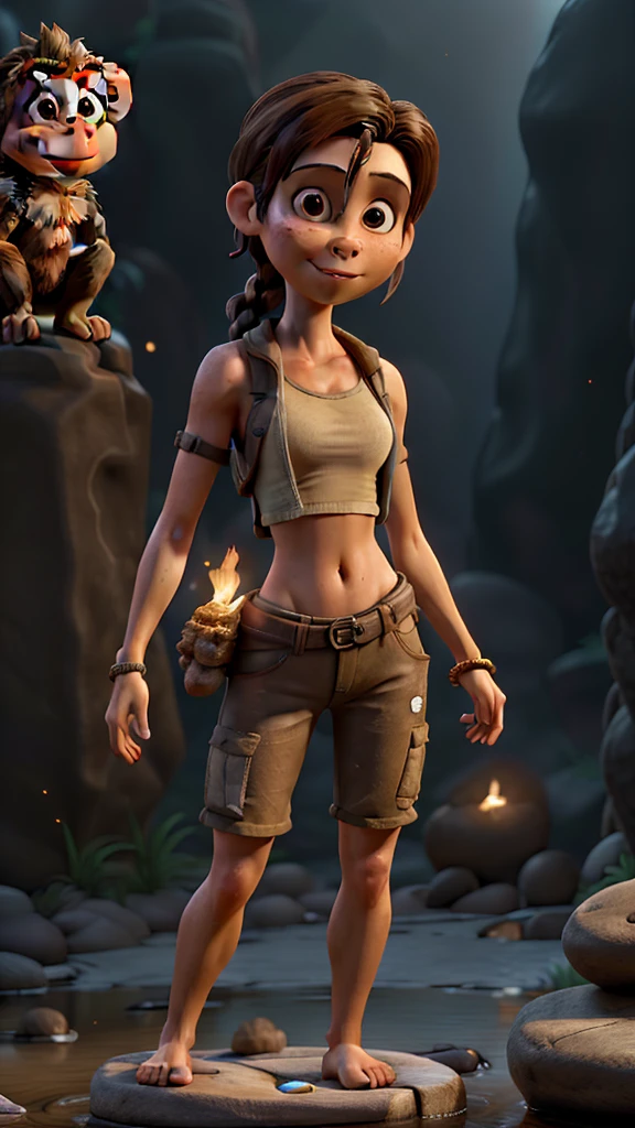 masterpiece, best quality, tomb raider (viewing a stone image of a monkey god), (monkeys are all around her),(suggest different poses and themes), beige crop top, shorts, spider webs, stones, rocks, puddles, dirt, diffuse light, small boobs:1.4, barefoot, torch in hand, smoke, sparks, lens_flares
