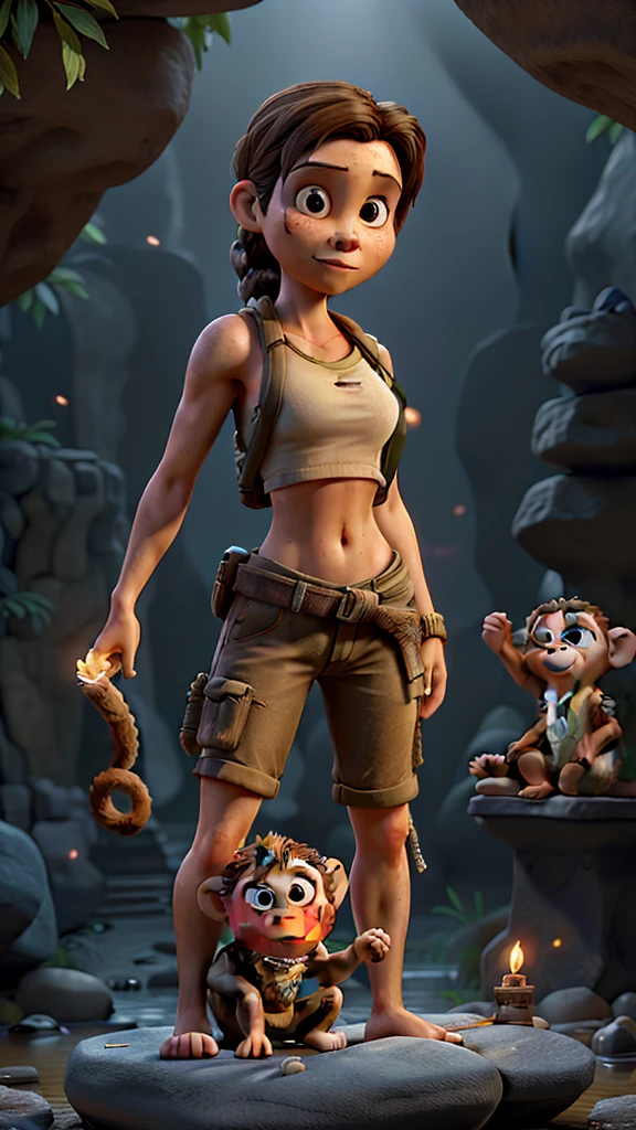 masterpiece, best quality, tomb raider (viewing a stone image of a monkey god), (monkeys are all around her),(suggest different poses and themes), beige crop top, shorts, spider webs, stones, rocks, puddles, dirt, diffuse light, small boobs:1.4, barefoot, torch in hand, smoke, sparks, lens_flares