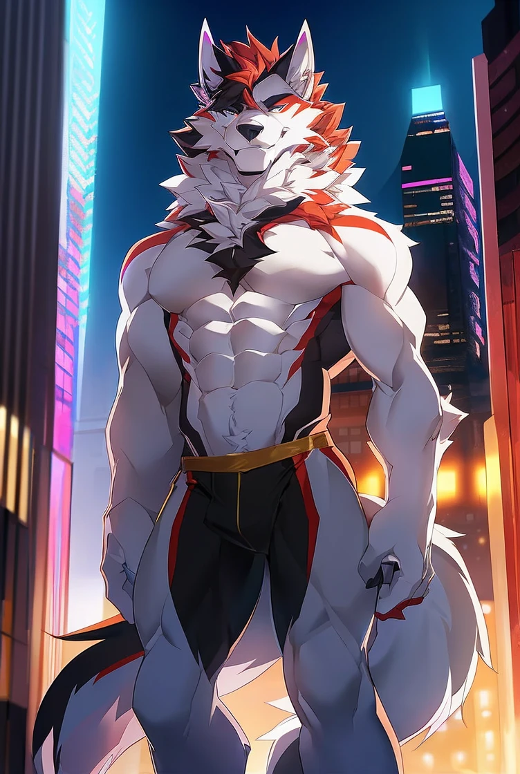 ((Solo)), male people, anthro wolf, (Multi-colored fur, White tail pointed), (Height 3meters,Tail length 2meters), Abs, pinginuscular, A long big tail, by patto, modern city