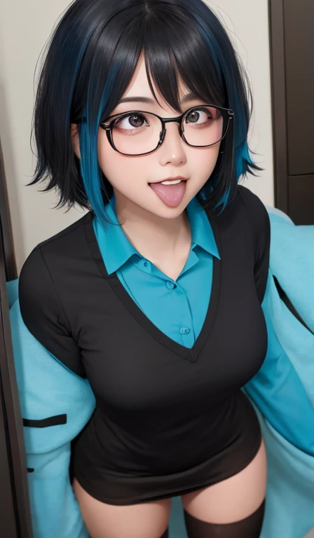 1 girl, rounded glasses, big eyeglasses, smiling, looking at the camera, short messy hair, darkskin, rounded eyes, cyan blue shirt, black shorts, close up, magazine photo, dynamic pose