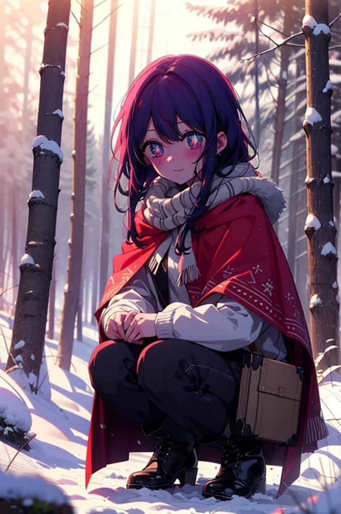aihoshino, Ai Hoshino, Long Hair, bangs, (Purple eyes:1.1), Purple Hair, (Symbol-shaped pupil:1.5), smile,,smile,blush,White Breath,
Open your mouth,snow,Ground bonfire, Outdoor, boots, snowing, From the side, wood, suitcase, Cape, Blurred, , forest, White handbag, nature, Squat, Mouth closed, Cape, winter, Written boundary depth, Black shoes, red Cape break looking at viewer, Upper Body, whole body, break Outdoor, forest, nature, break (masterpiece:1.2), Highest quality, High resolution, unity 8k wallpaper, (shape:0.8), (Beautiful and beautiful eyes:1.6), Highly detailed face, Perfect lighting, Highly detailed CG, (Perfect hands, Perfect Anatomy),
