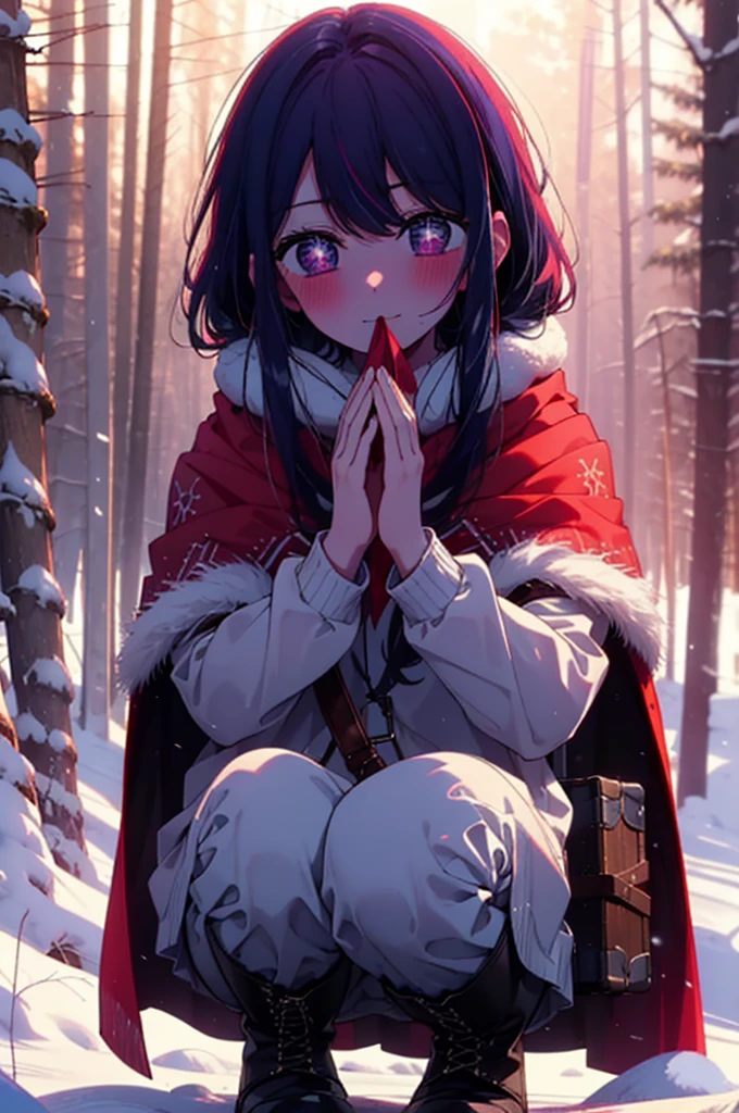 aihoshino, Ai Hoshino, Long Hair, bangs, (Purple eyes:1.1), Purple Hair, (Symbol-shaped pupil:1.5), smile,,smile,blush,white breath,
Open your mouth,snow,Ground bonfire, Outdoor, boots, snowing, From the side, wood, suitcase, Cape, Blurred, , forest, White handbag, nature,  Squat, Mouth closed, Cape, winter, Written boundary depth, Black shoes, red Cape break looking at viewer, Upper Body, whole body, break Outdoor, forest, nature, break (masterpiece:1.2), Highest quality, High resolution, unity 8k wallpaper, (shape:0.8), (Beautiful and beautiful eyes:1.6), Highly detailed face, Perfect lighting, Highly detailed CG, (Perfect hands, Perfect Anatomy),