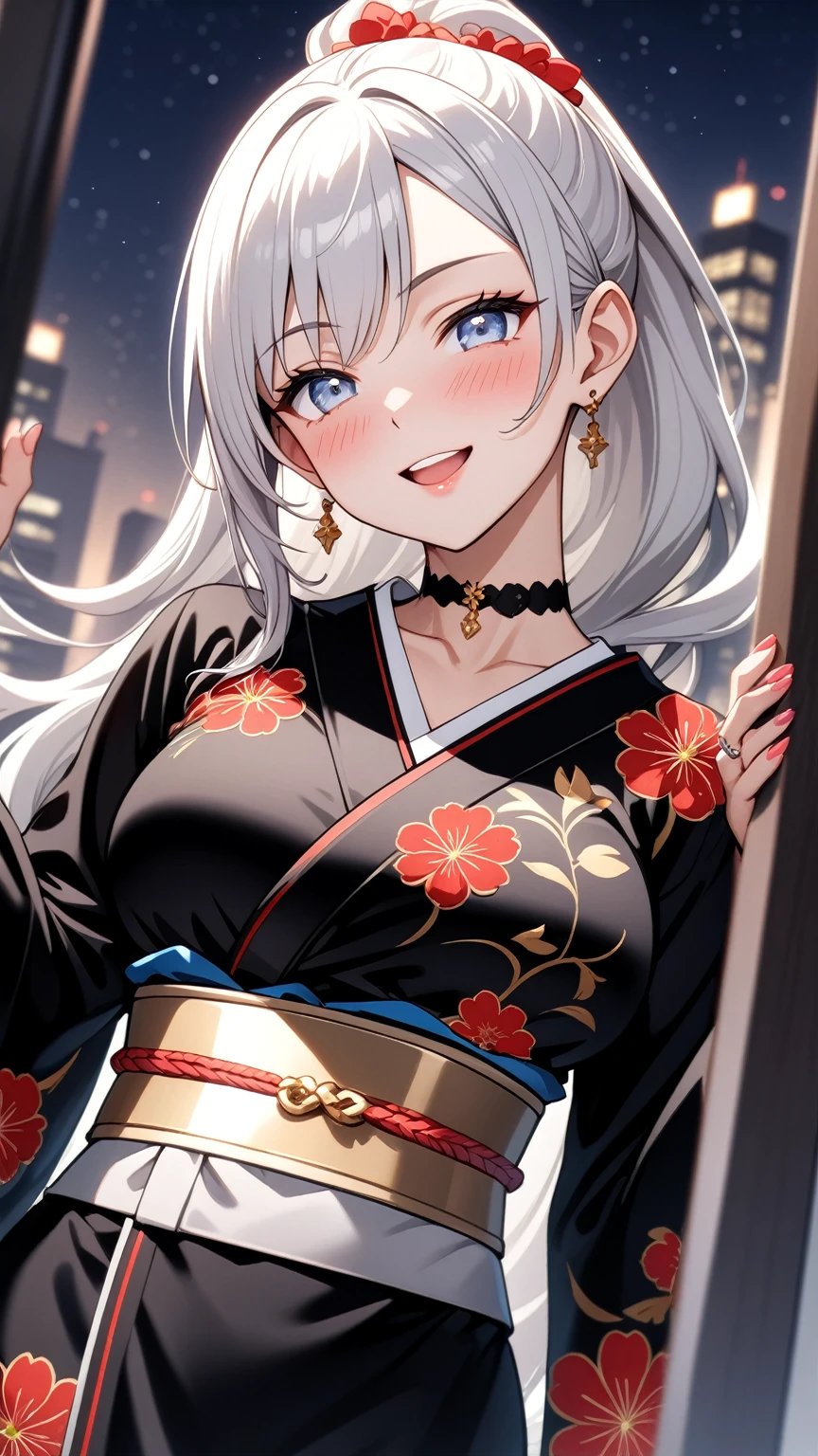 ((one woman)), Beautiful Face, upper body, Laughing embarrassedly, (laugh:1.2),((Wink:2.0)), (head tilt:1.7), Laugh with your mouth wide open, upper teeth, looking at viewer, ((full-face blush:1.6)),Glossy Red Lips, Night view, High rise building terrace, firework, Glossy red lips, Shining Face, ((anime colored)), ((Anime style background)),masterpiece, Highest quality, so beautiful,up to date, Complex details, (Pink long nails),(ring),(bracelet),(Floral choker),AI-generated, Complex,High resolution, Highest quality, super high quality,3D Images、3D Images, One person, Long white hair, High Ponytail, Anime woman posing for a photo, (blue eyes), ((Fine grain、Silvery white, lightly pigmented eyes、Shining Eyes:1.4)), (Squint your eyes:1.1),a hyperRealistic , hyperRealistic , Realistic,Anime woman with long white hair, Smooth anime CG art, ((A woman in a gorgeous kimono embroidered with gold)), ((Long sleeve black kimono:1.4)),((Red floral pattern:1.3)),Long flower hair ornament,Earrings,Mature Body,Adult women, (Big Breasts:1.1),Tall,Abdominal muscles,Tight waist,(face focus:1.1), ((dutch angle)),