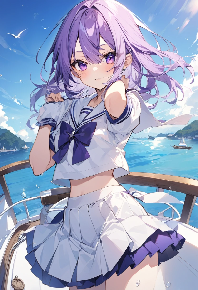 Keito。Purple Eyes。Purple Hair。Boat。Sailor suit