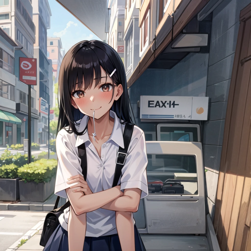((best quality)), ((masterpiece)), (detailed), 1girl, sexly((best quality)), ((masterpiece)), (detailed), 1girl, sexly((Highest quality)), ((masterpiece)), (detailed), One girl, whole body、Sexy expensive body, expensive, Long legs, White knee-high sockature female, mature, Adult, It is_nagatoro_main, nagatoro hayase, One girl, blush, alone, White polo shirt、 Black Hair, bag, Brown eyes, hair ornaments, View your viewers, Hair Clip, Outdoor, Backpack, smile, Long Hair, White shirt, Dark skinned women, Dark Skin, , bangs, Day, skirt, Collared shirt, clavicle, Ear Clip, Rolled up my sleeves, Mouth closed, wood, asymmetrical bangs, Upper Body
