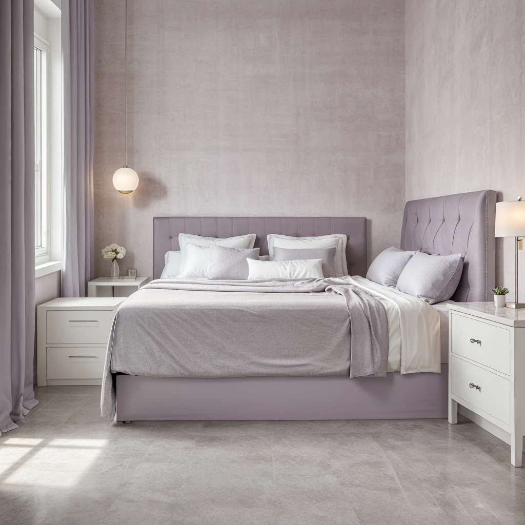 Daylight room interior view , with mauve colour headboard, bed with white mattress, lights ,side table with drawers, italian white grey marble on the floor , grey wall paper with digital details