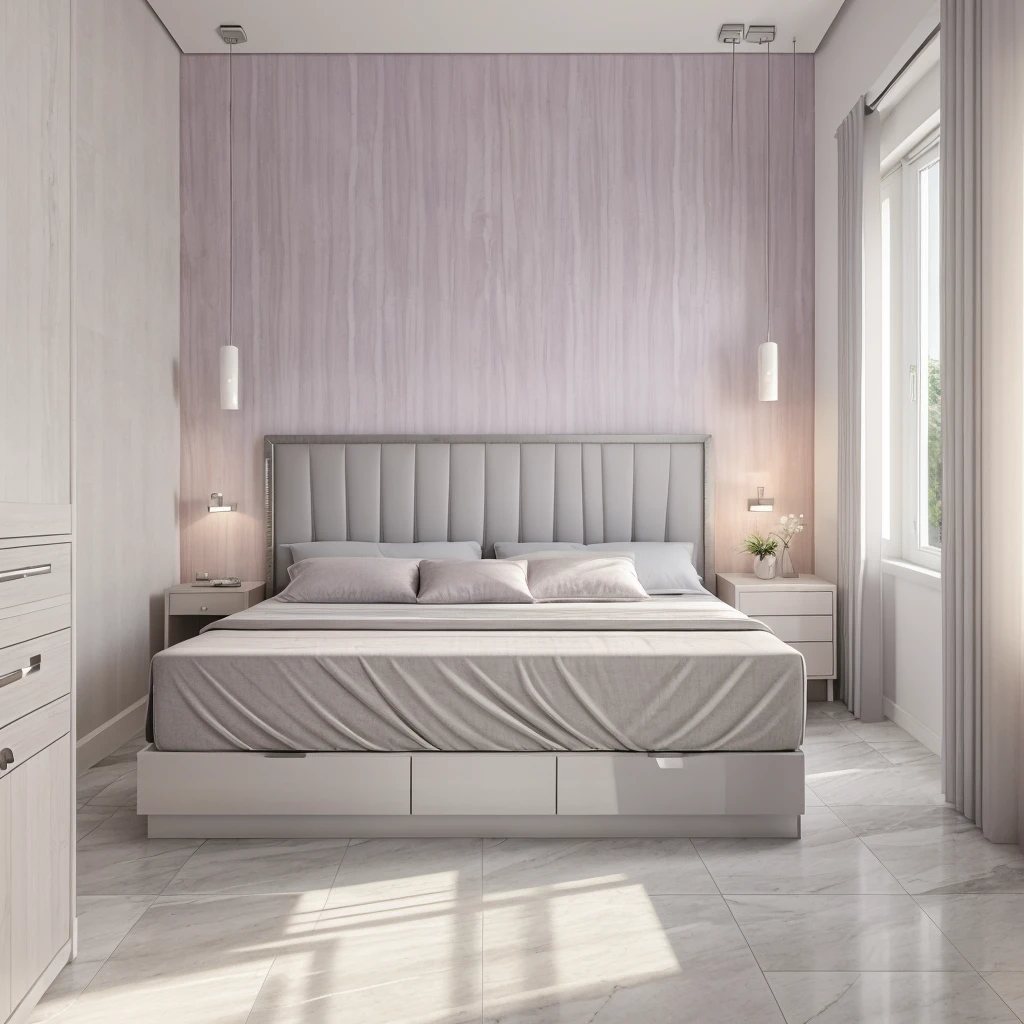 Daylight room interior view , with mauve colour headboard, bed with white mattress, lights ,side table with drawers, italian white grey marble on the floor , grey wall paper with digital details