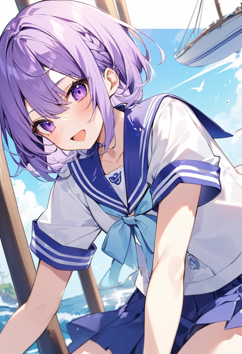 Keito。Purple Eyes。Purple Hair。Sailor suit。Boat。