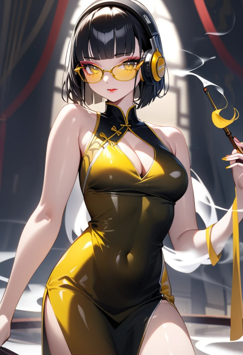 ((top-quality)), ((​masterpiece)), ((ultra-detailliert)), (extremely delicate and beautiful),1solo,1girl,smoke, smoking pipe, (((yellow glasses:1.3))), (headphone:1.2), shiny hair, black short hair, blunt bangs, China dress, eyelashes, nail polish, medium breasts, clavicle, cleavage, bare arms, lustrous skin, makeup, ct-style, china town,