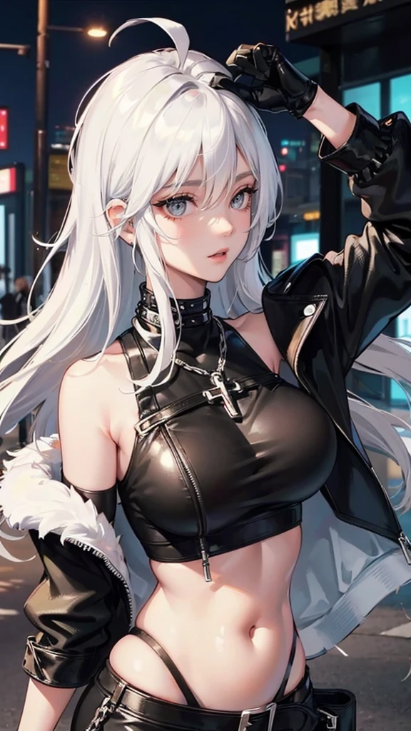 Photograph of the upper body of a beautiful woman, , big breasts, perfect body), Sharp focus, (plump body, mature woman), ((Looking ahead)), (Highly detailed skin, hair follicles:1.4,) (long hairstyle , white hair, Grey eyes) , (black crop top:1.47),(black leather skirts),(fur jacket),chain , Cross necklace , cross chain, city scenery , punk , night light , high quality ,cold expression, one leather gloves , biker style , cool , street wears , light sexy