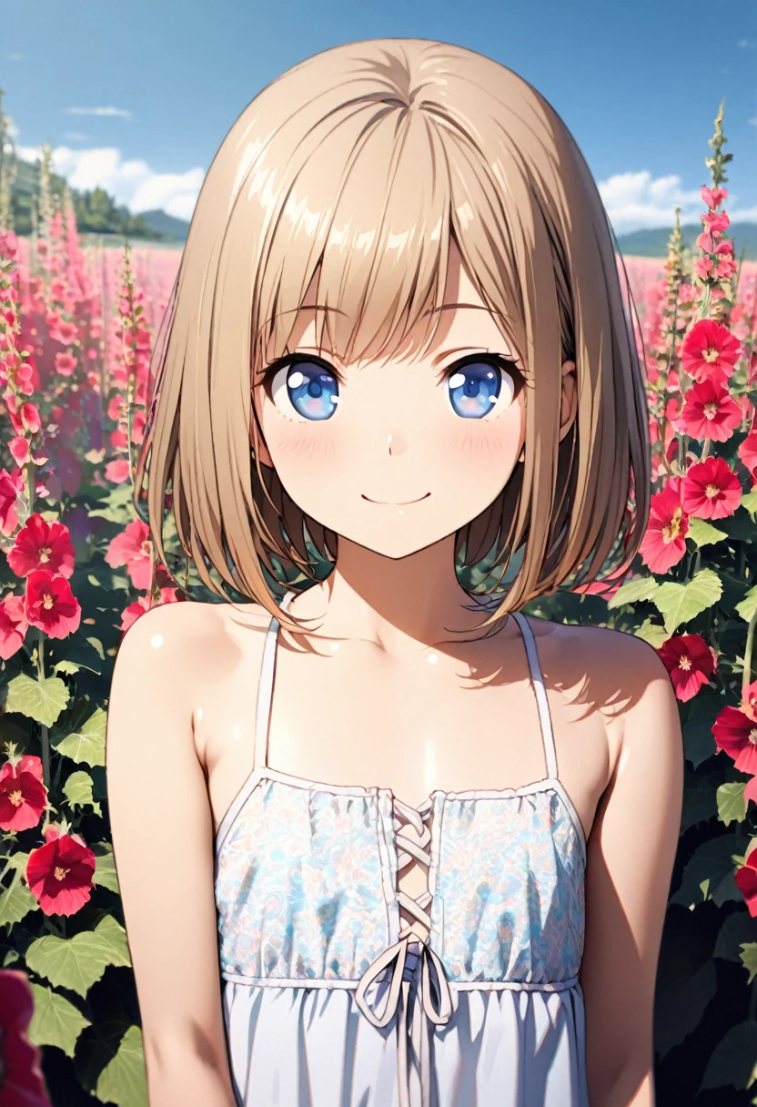 1 girl, 18yo, (flat chest: 1.5), blue eyes, light brown hair, bob cut, early summer outfit, smiling, posing, having fun, upper body, Hollyhock Field, blue sky, 8k, RAW photo, best quality, masterpiece, extremely detailed 8k wallpaper, ultra-detailed, best shadow, detailed background, beautiful detailed face, beautiful detailed eyes, nice hands, perfect hands