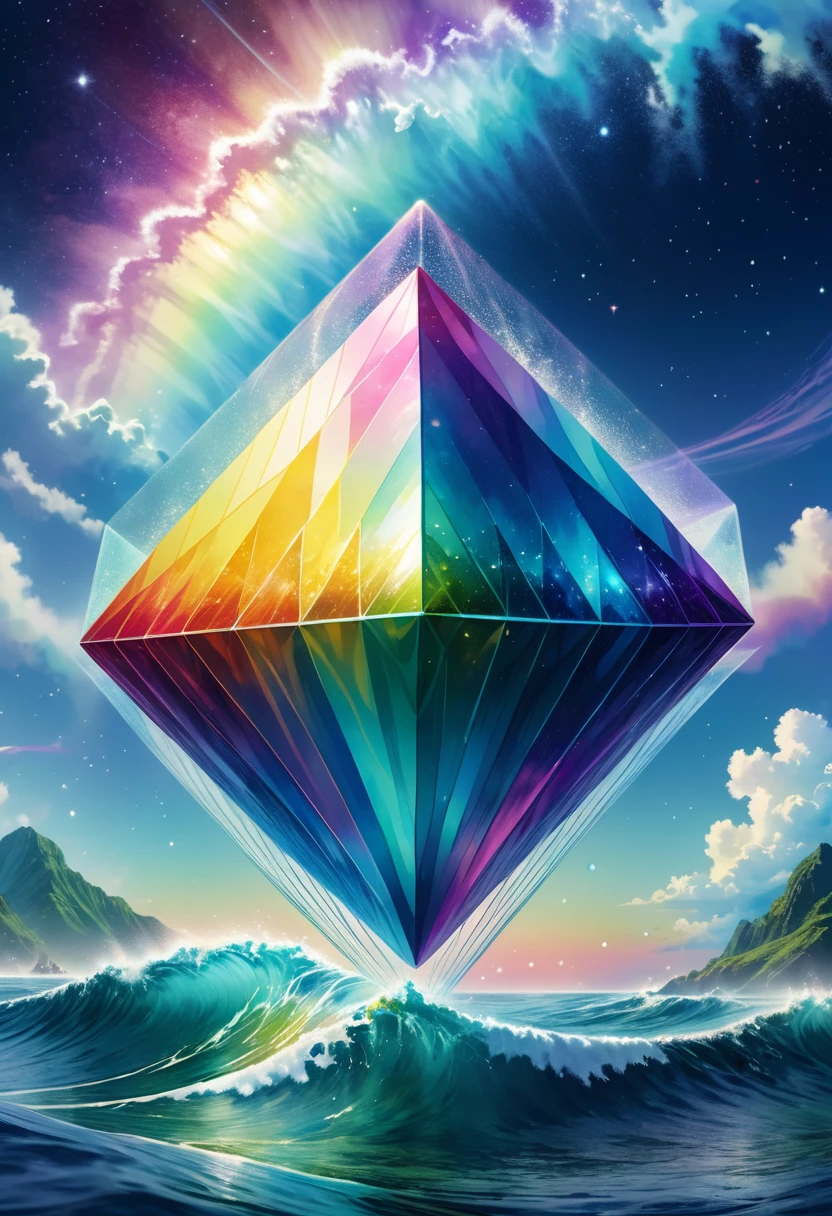 Highest quality, Highest quality, 16K, RAW Photos, Realistic, Unbelievably absurd, Very detailed, (Complex, translucent, Large geometric objects) 、Floating in the ocean of the galaxy, Mysterious shape, Fantasy world image, Fantastic and mysterious, Cosmic ray emissions, break , Background watercolor, Law in Law,Real Image Style, Rainbow colored fluffy rhombus polyhedron in pastel color image style、It moves by emitting intermittent waves.:1.2、Wave lines that cause waves、Create waves that reflect the colors of the surroundings:1.2