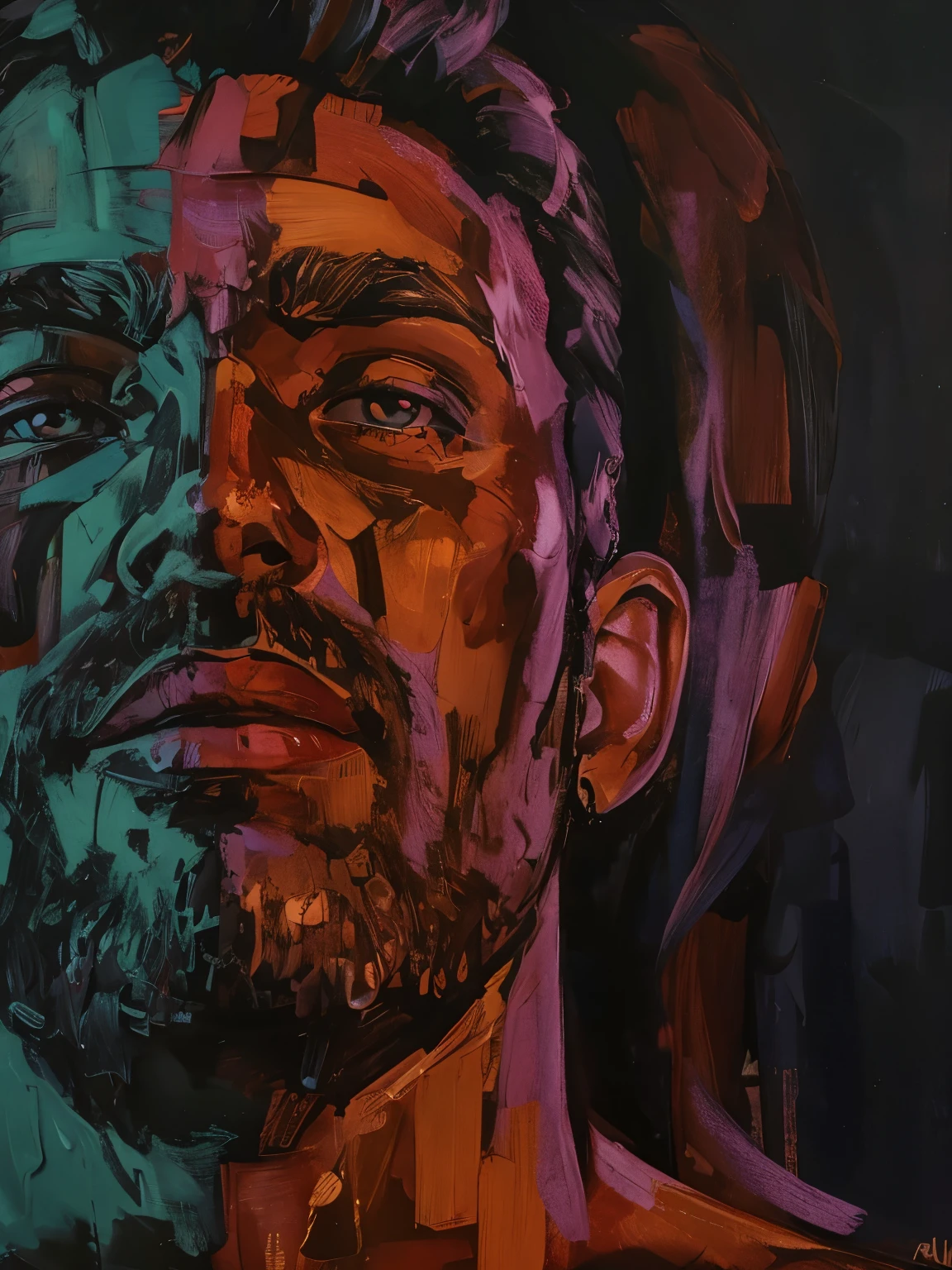 portrait of a man looking confident and sexy, dark abstract background, oil painting