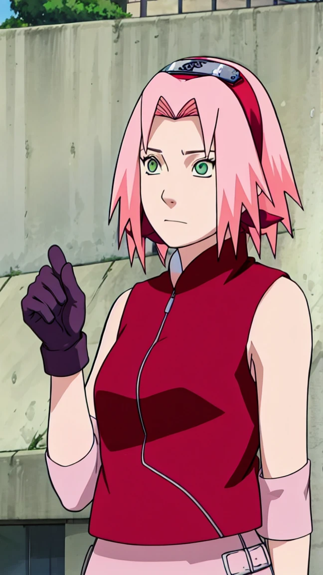 Sakura Haruno, Sakura Shippuden, upper body, armpit, showing armpit, Sleeveless, Masterpiece, 1 woman, green eyes, condescending, elbow covers, black gloves, full body