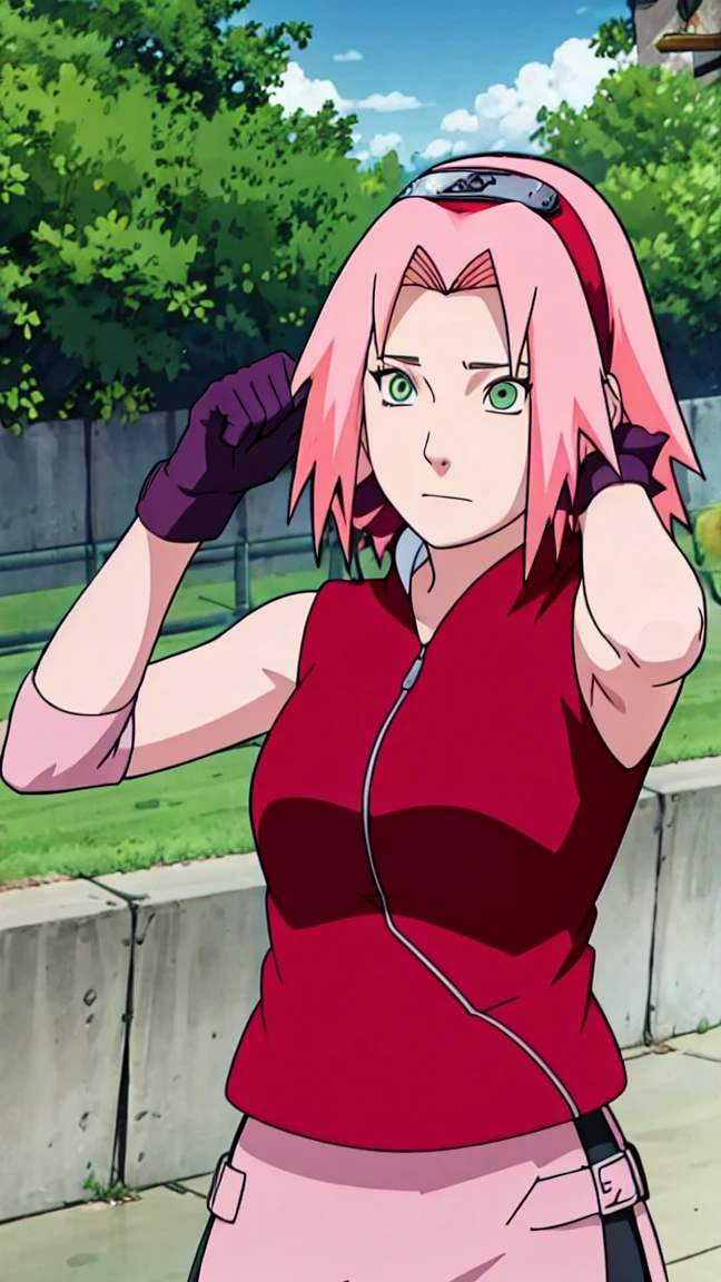 Sakura Haruno, Sakura Shippuden, upper body, armpit, showing armpit, Sleeveless, Masterpiece, 1 woman, green eyes, condescending, elbow covers, black gloves, full body