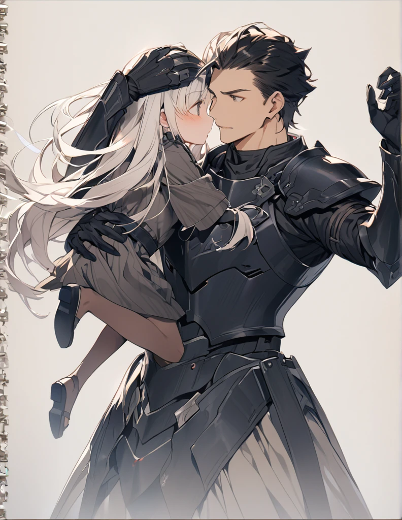 masterpiece A man in black armor holding a girl with short white hair