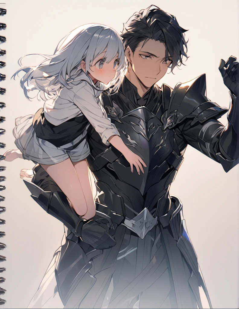 A man in black armor holding a girl with short white hair