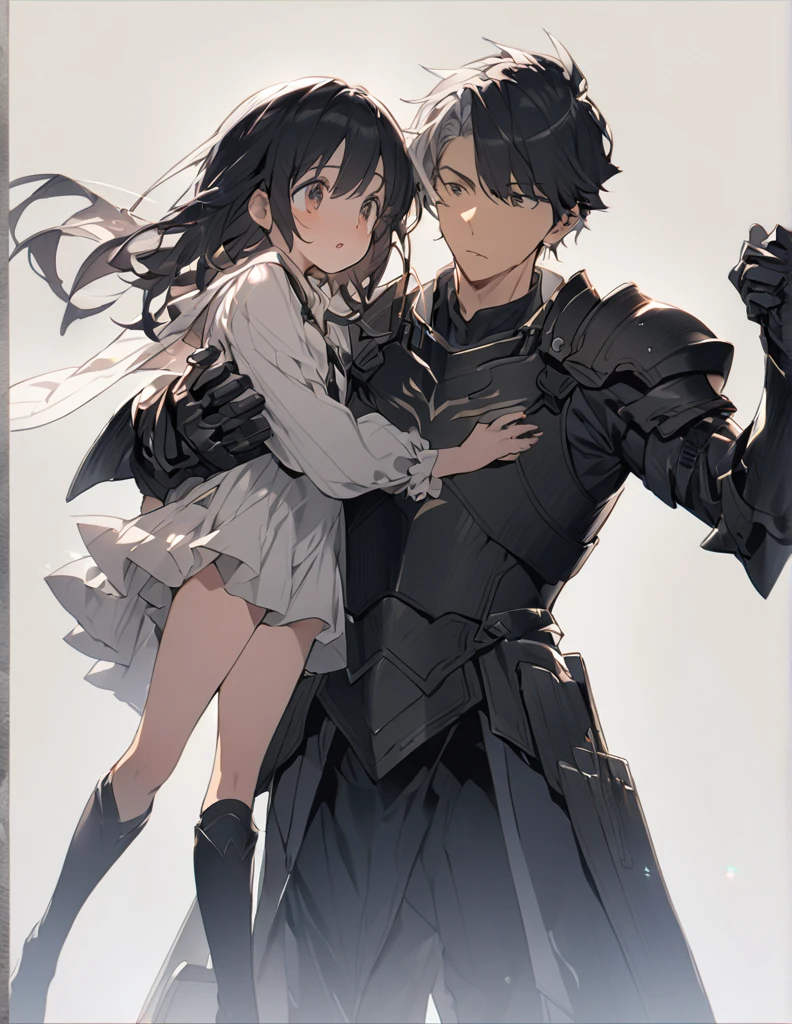 A man in black armor holding a girl with short white hair

