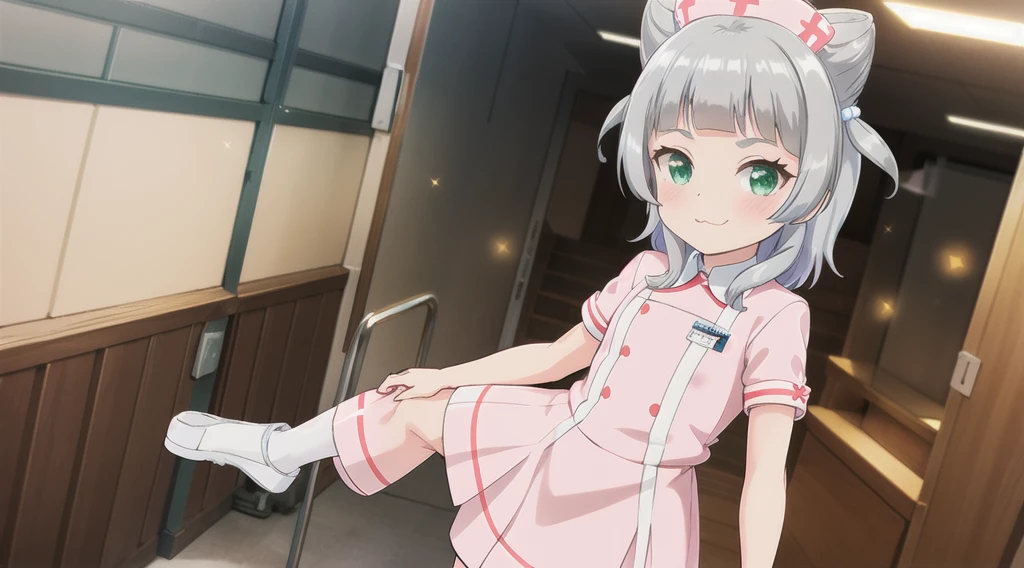 indoor,hospital,One girl, alone, Green Eyes, Grey Hair, hair ornaments, bangs, Virtual YouTuber, Shine, blunt bangs, Double Bang, Animal ears, Lens flare, Flat Chest,Pink nurse uniform,blush, (View your viewers), smile, Are standing