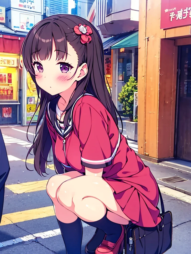 nsfw,1girl, Young Girl,Lolicon,A big-breasted licks a strawberry-flavored lollipop candy while squatting on the side of the road and showing off her pee-smelling children's panties,Focus on the crotch area, camel toe,Her red patent leather children's shoes were crushing the line of ants crawling on the ground.,A composition looking straight up from the perspective of an ant on the ground,from below