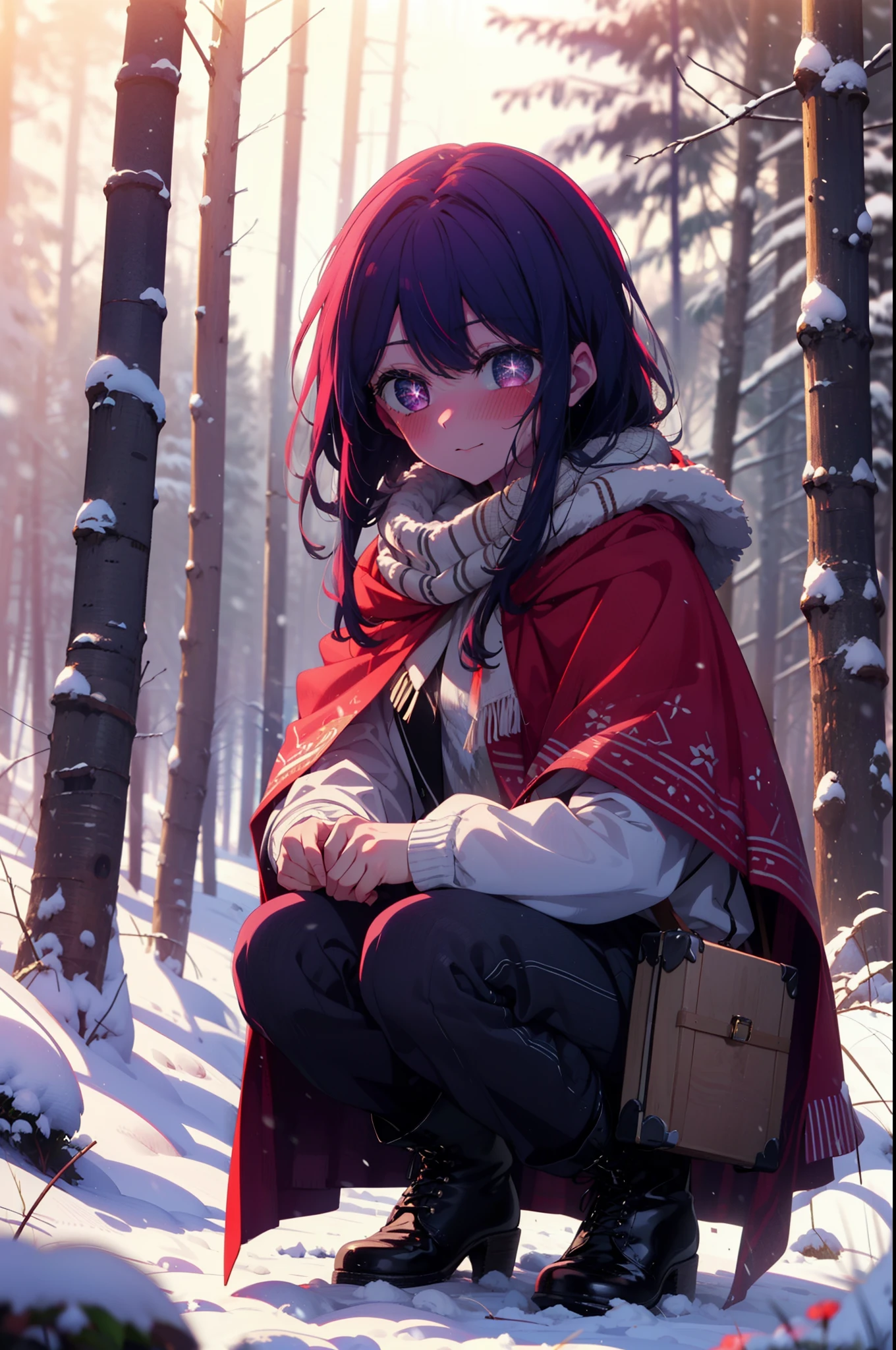 aihoshino, Ai Hoshino, Long Hair, bangs, (Purple eyes:1.1), Purple Hair, (Symbol-shaped pupil:1.5), smile,,smile,blush,White Breath,
Open your mouth,snow,Ground bonfire, Outdoor, boots, snowing, From the side, wood, suitcase, Cape, Blurred, , forest, White handbag, nature, Squat, Mouth closed, Cape, winter, Written boundary depth, Black shoes, red Cape break looking at viewer, Upper Body, whole body, break Outdoor, forest, nature, break (masterpiece:1.2), Highest quality, High resolution, unity 8k wallpaper, (shape:0.8), (Beautiful and beautiful eyes:1.6), Highly detailed face, Perfect lighting, Highly detailed CG, (Perfect hands, Perfect Anatomy),