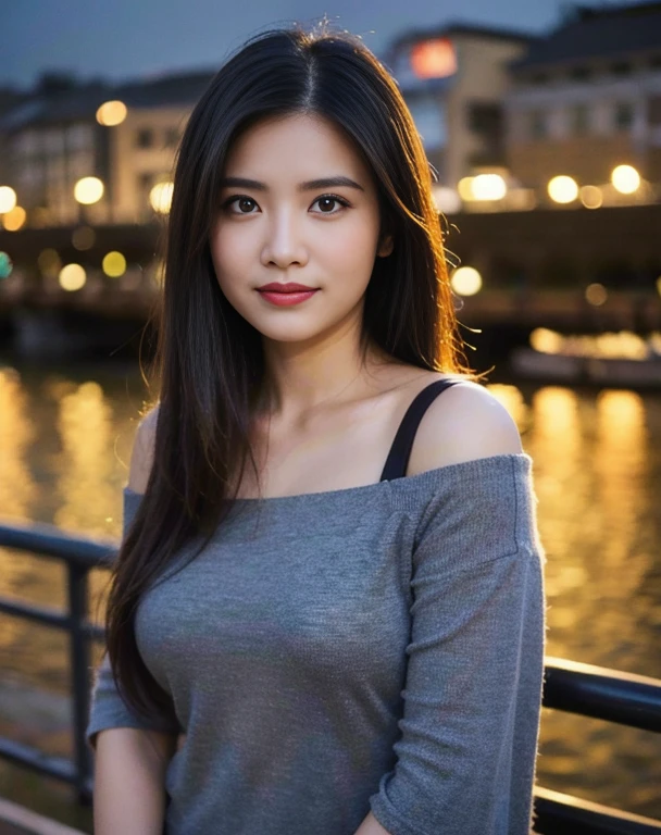 minolta rokkor pf 58mm f1.4 bokeh, (​masterpiece:1.3), 8K, Photorealsitic, Raw photography, (Top image quality:1.4), asian high school girls, ( black long straight hairs), (breast size:0.8), Super Detail Face, (sharp focus:1.2), (pretty woman:1.4), top-quality,​ masterpiece, A high resolution, (Photorealsitic:1.4), Highly detailed and professional lighting, slender, wearing black oversize shirt off shoulder, serious facial expression, rules of third, 1 person, pretty eyes, beauty smile, standing on the bridge side at night, shoulders bag