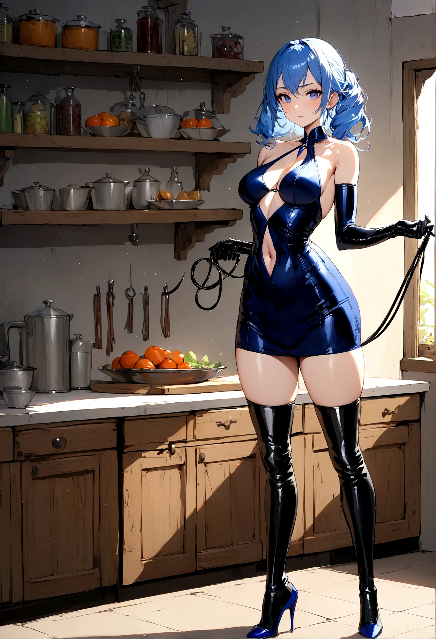 perfect and beautiful face, beautiful girl in hot blue pointed toe stiletto knee high boots, standing in kitchen holding a whip ,, leatgher gloves on, 