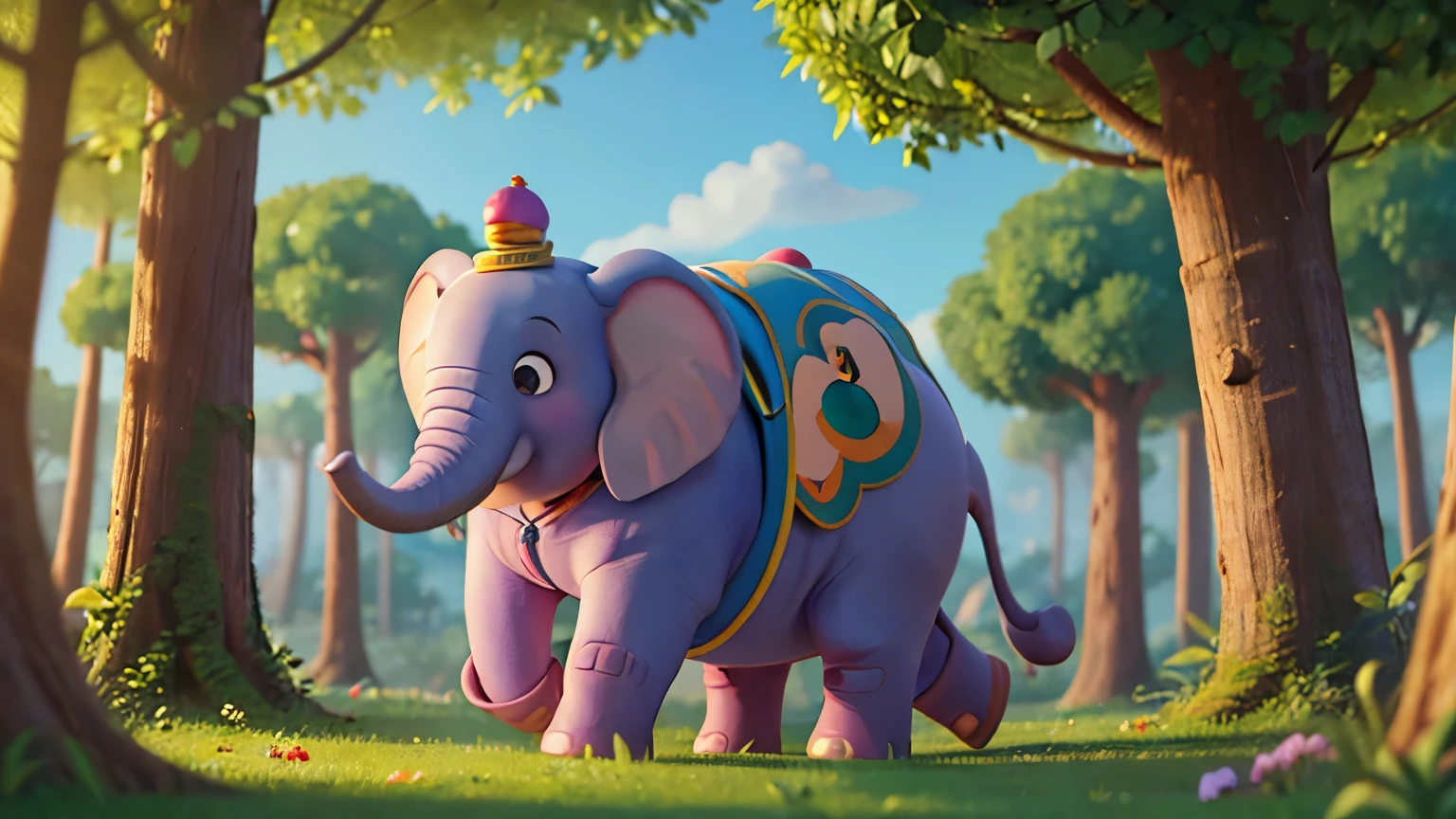 A happy cartoon elephant, disney style, cute and adorable character, colorful, whimsical, playful expression, large round eyes, long trunk, detailed texture, soft plush fur, vibrant colors, lively movement, forest background, sunlit meadow, fluffy clouds, magical atmosphere, storybook illustration, high quality digital painting, 4k resolution, super detailed, vibrant colors, dynamic lighting