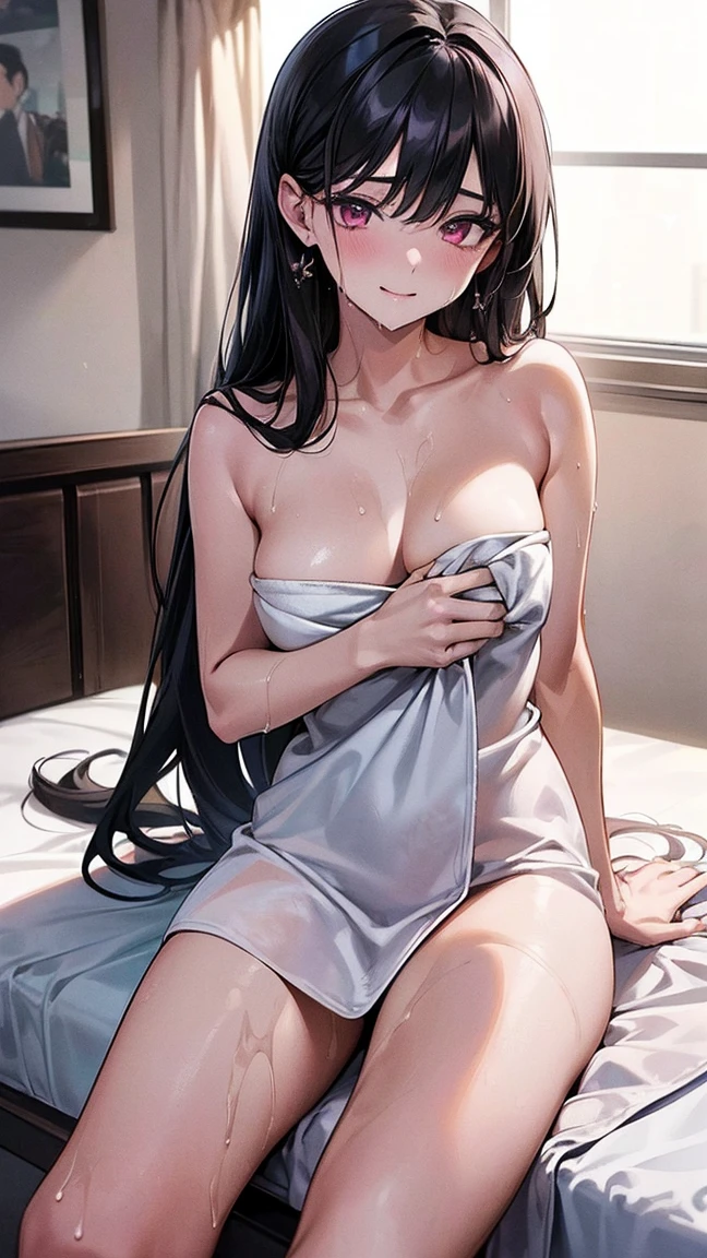 (best quality:1.1), (Masterpiece:1.2), hot lady, long hair, black hair, Hair bow, ถักเปีย, pink eyes, ((beautiful breasts:1.3)), beautiful, cute, Bright face, Good mood, ((wet towel)), ((horny, veginal, spread leg)), ปากอมชมพู, อ้าปาก, ((เขินอาย,หน้าแดงแป๊ด)) ((bedroom)), ((nsfw)), ((เย้ายวน:1.5)), collarbone, ((Highest quality, Best Performance, Maximum details, Light and shadow details:1.2, 4k details))