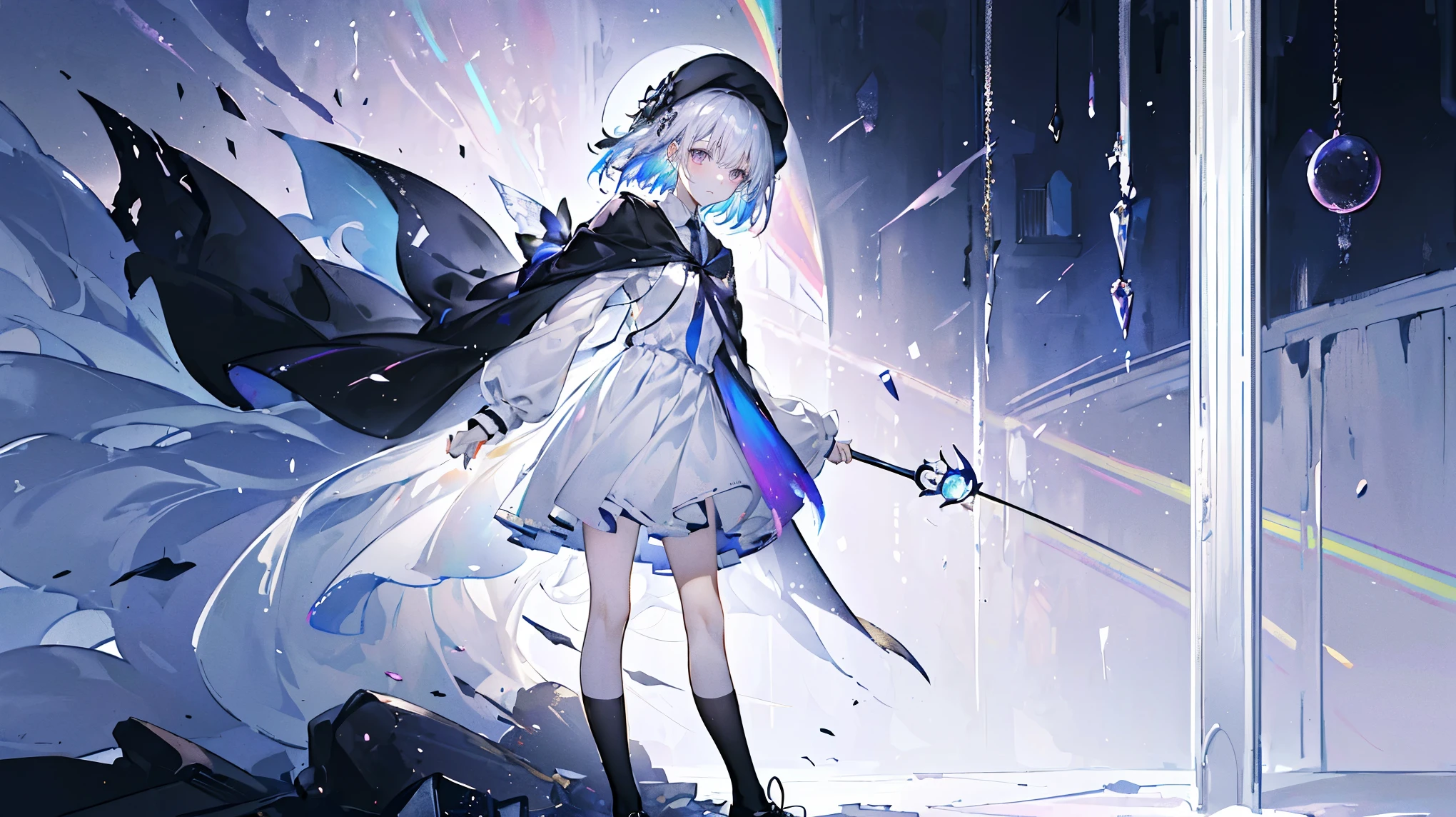 (Super detailed)),((illustration)),((masterpiece)),(((need))),((fine、Highest quality CG Unity 8K wallpapers,masterpiece),((4K,masterpiece,best quality)),rainbow发的大概16岁的少女,flat chest,short hair,Gold and silver eyes,Golden Apprentice Uniform,Black short cape,Berets,Black shoes,Paint flowing under your feet,White Silk,Paint-stained white dress,Monocle,The walls are covered with self-portraits,身边有rainbow,phantom,Exhaustion,Overworked,There is a huge drawing board in front of me.,In a white room,Paint condensed in the air,rainbow,individual,Full body picture