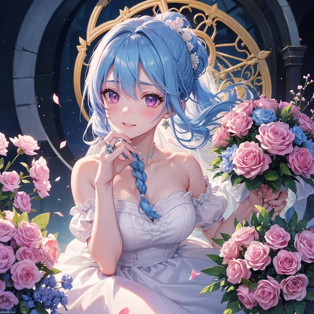 Sky blue hair, (Braided Ponytail),(Pink Eyes),Fair skin ,(whole body),(One girl),bride,A big smile,Straight bangs, 6月のbride,Wedding dress,(masterpiece, Highest quality, Very detailed, Best Shadow), (Detailed Background), (Beautifully detailed face), High Contrast, (Best lighting, Very delicate and beautiful), ((Cinematic Light)), colorful, Hyper Detail, Dramatic Light, Intricate details,Chapel background,Bouquet of roses,Ring on left ring finger,